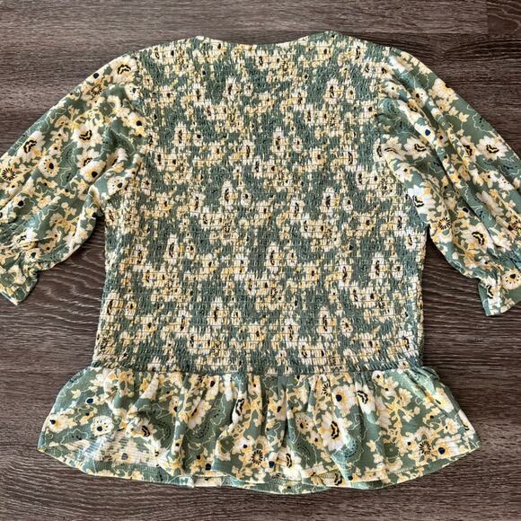 EUC Melloday Green Yellow Floral Smocked Peplum Top M Ruffle Sleeve Cottagecore - Picture 5 of 11